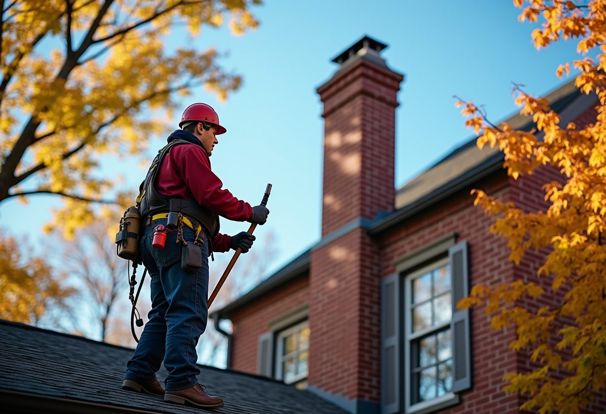 Chimney sweep on the roof of a brick colonial home — Bothell